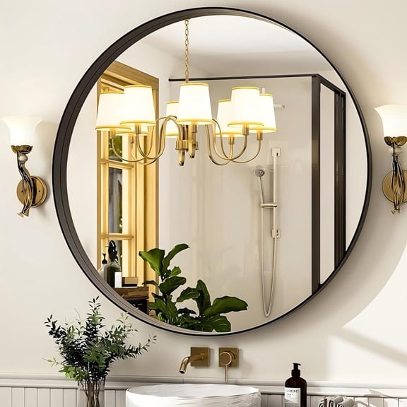 Lumora 24.2" Round Bathroom Mirror Deep Frame Vanity Mirror Wall Mounted, Black