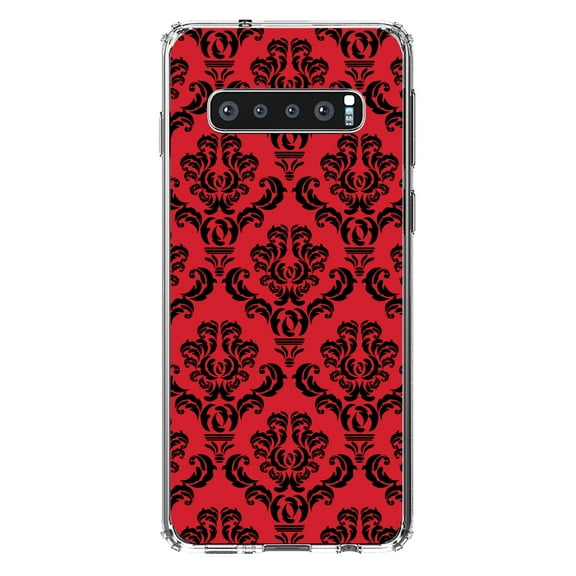 DistinctInk Clear Shockproof Hybrid Case for Samsung Galaxy S10 (6.1" Screen) - TPU Bumper, Acrylic Back, Tempered Glass Screen Protector - Red Black Damask Pattern - Floral Damask Pattern