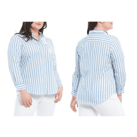 Ralph Lauren Womens Petite Striped Lace Embroidery Applique Shirt Blue/White PXS