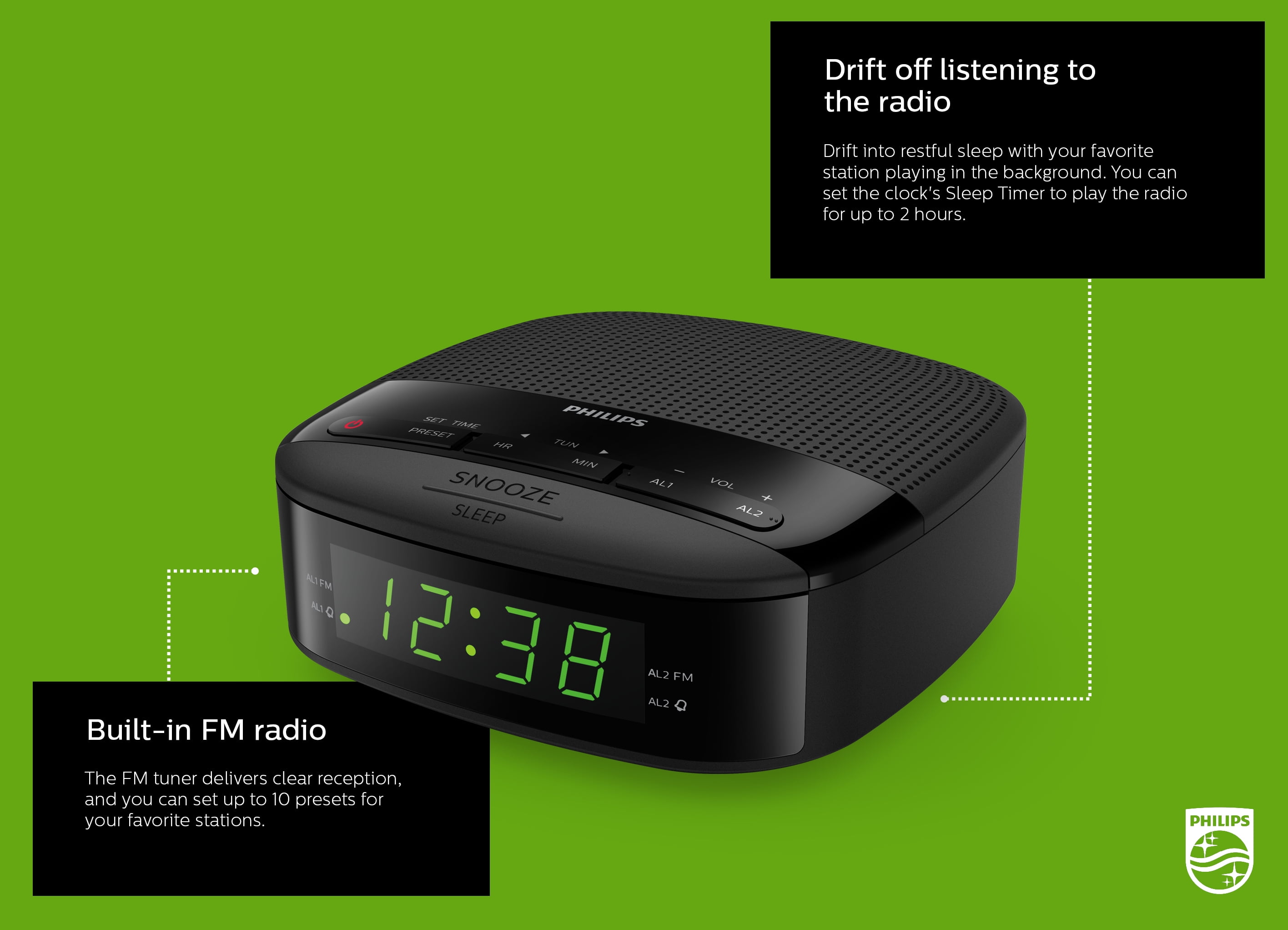 Philips R3205 Portable AM/FM with Clock, Black, TAR3205 -