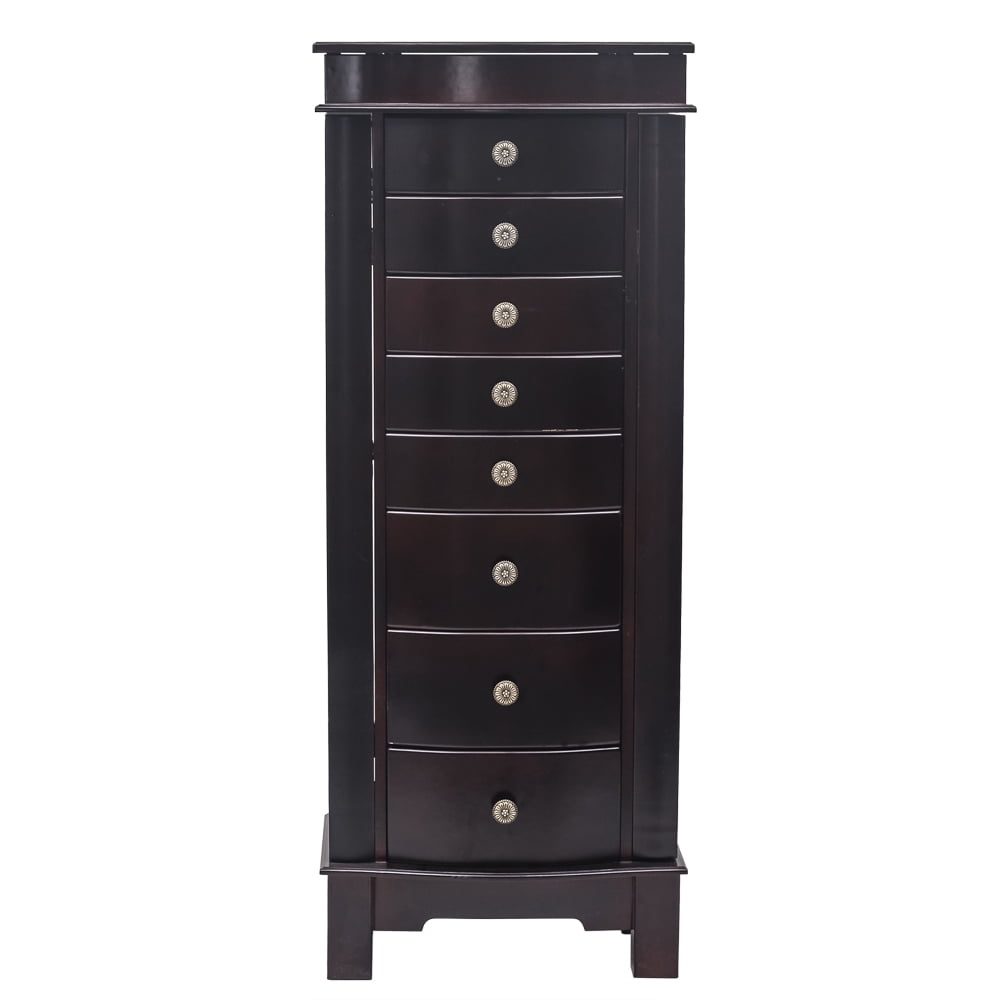 Classic Jewelry Armoire With Mirror 8 Drawers & 16 Necklace Hooks 2 Side Swing Doors Brown