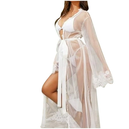 APEXFWDT Mesh Robe for Women Bridal Babydoll Robe Sheer Wedding Gown for Women Long Lace Kimono Robe Mesh Chemise Gown Swimsuit Cover Up