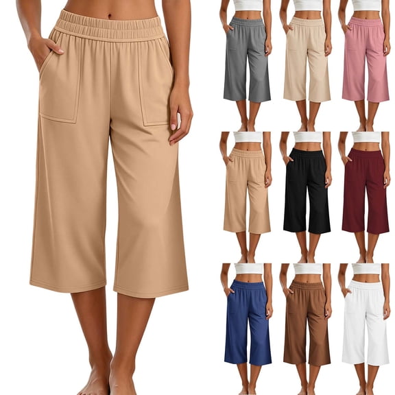 Tqcoqu Womens Casual Capris with Pockets,Lounge Yoga Pajama Cropped Pants,Wide Leg Elastic Waist Workout Sweat Pants Summer,Beige Women's S-XXXL