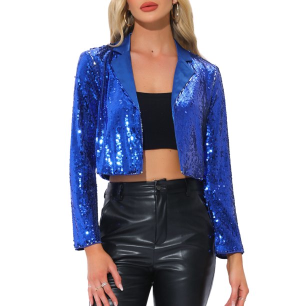 CHAQUETA DE LENTEJUELAS CHIC PARA MUJER INSPIRADA EN WALMARTMX, CHAQUETA DE FIESTA CON SOLAPA ABIERTA, BLAZER CORTO BRILLANTE TAMAÑO S