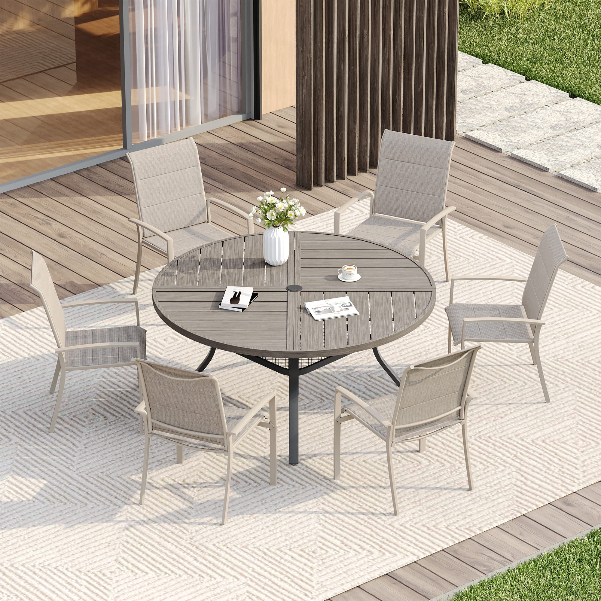 Vicllax Outdoor Patio Dining Chairs Stackable Padded Metal Frames with Textilene, Set of 6, Cream