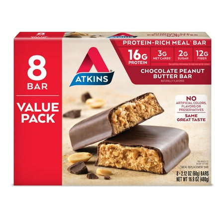 Atkins Chocolate Peanut Butter Bar, 2.1oz, 8-pack (Meal Replacement)