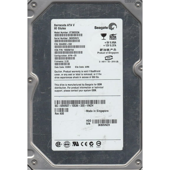 ST380023A, 3KB, AMK, PN 9W4002-032, FW 3.33, Seagate 80GB IDE 3.5 Hard Drive