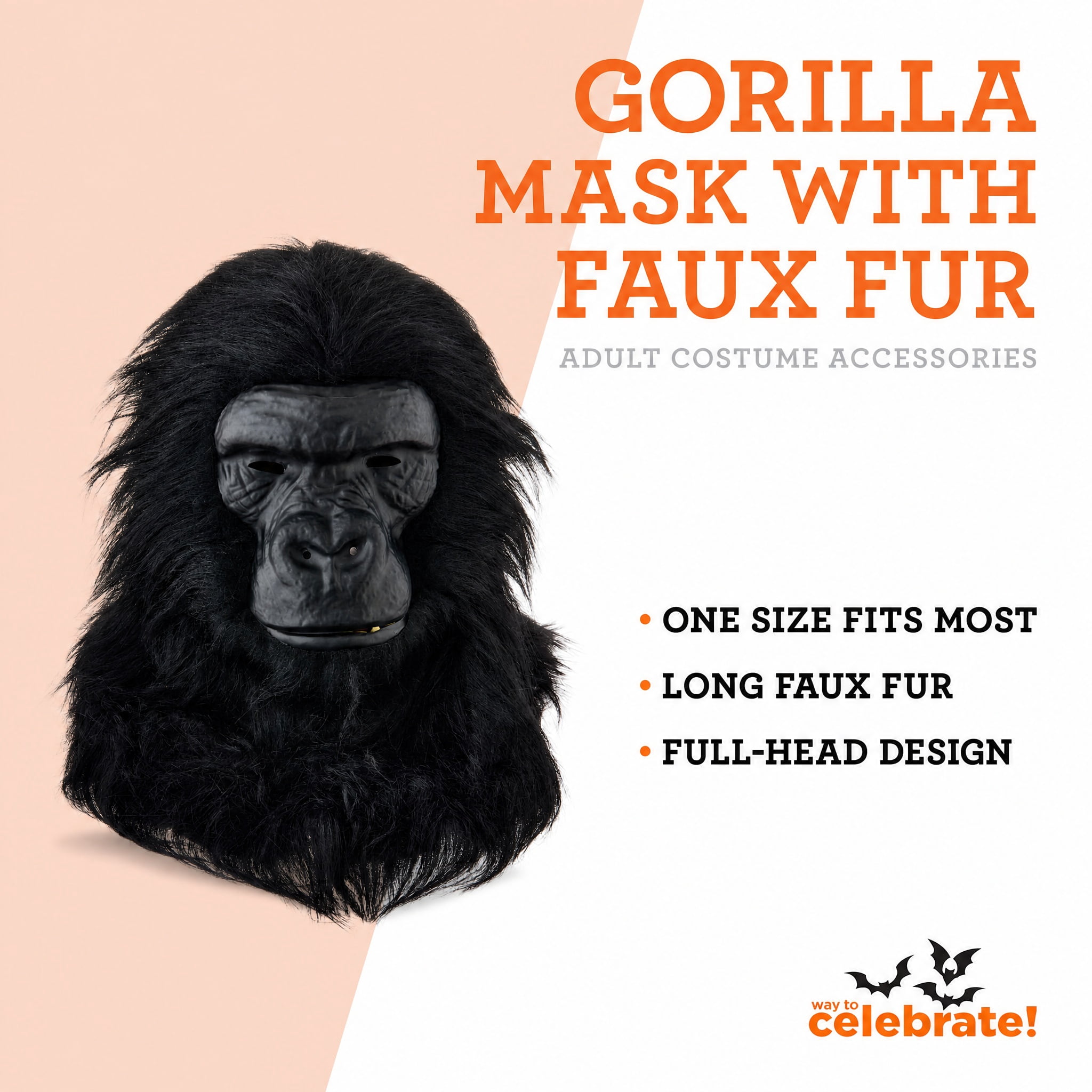Gorilla Mask with Faux Fur Costume Accessory for Adults, Black, Halloween by Way To Celebrate