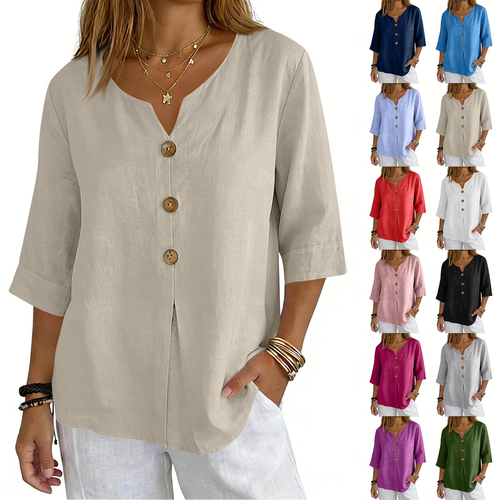 Nestiefly 3/4 Length Sleeve Womens Tops Cotton Linen V Neck T Shirts Summer Beach Casual Boho Three Quarter Sleeve Tops Navy L