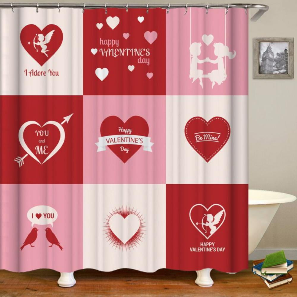 Valentines Day Falling Red Hearts Shower Curtain Cloth Fabric Bathroom Decor Set 