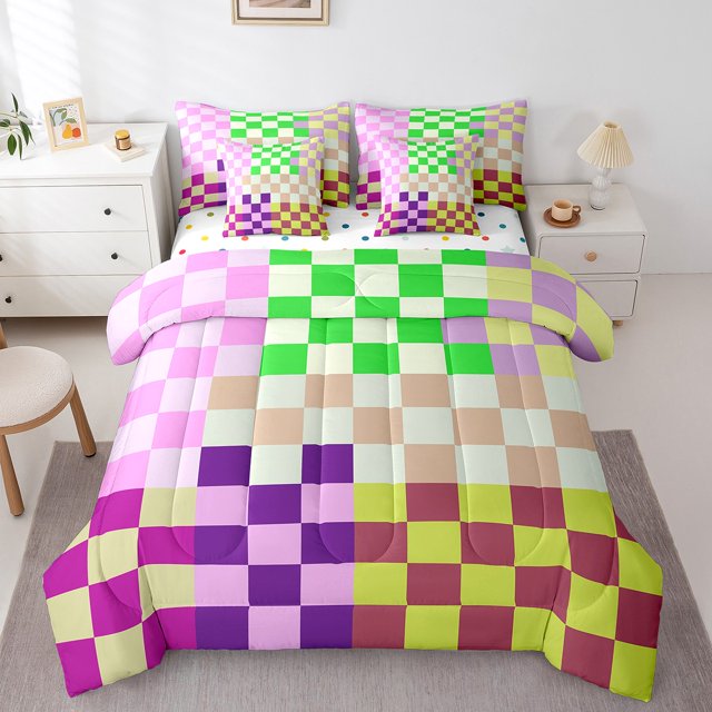 Erosebridal Gradient Grid Bed In A Bag Full Size,Checkered Buffalo Bed Set,Geometry Room Decorative,Reversible,Breathable,7-Piece