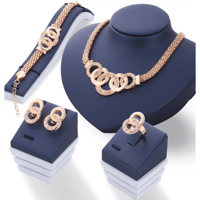 Juego de Joyas MALUBERO Moda 5 Pcs Collar Pulsera Aretes Anillos DORADO