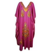 Mogul Ethnic Indian Embroidered Long Beach Caftan Dress Pink Kimono Sleeve Bohemian Kashmiri Kaftan