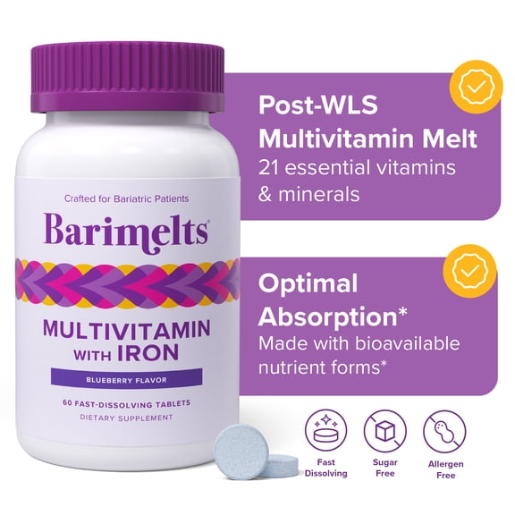 Barimelts Bariatric Multivitamin with Iron, Fast-Melting Tabs, Sugar-Free, Blueberry, Post-WLS, 60 Ct