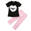 Musuos 2PCS Baby Girl Short Sleeve Cartoon Lips Print T-shirt + Trousers