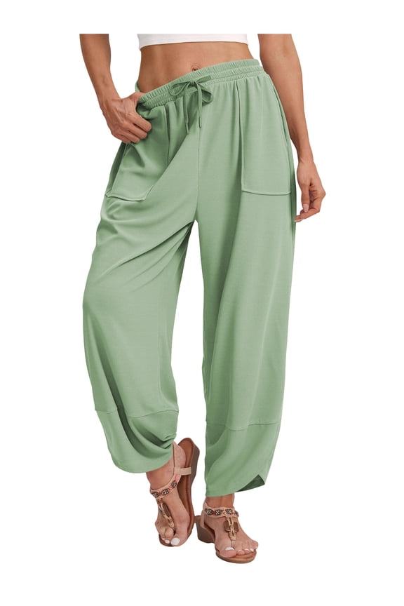 Pants for Women Wide Leg Casual Palazzo Flowy Pants with Pocket Drawstring Comfy Loose Lounge Womens Clothes Waffle Knit Harem Pants