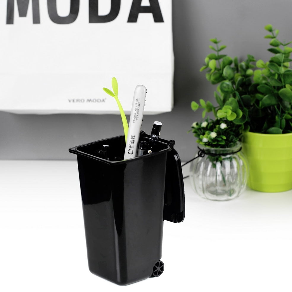 Recycle Plastic Mini Wheelie Bin Desk Tidy Office Desktop Stationery Organiser Creative Pen Pencil Holder with Two Wheels Design
