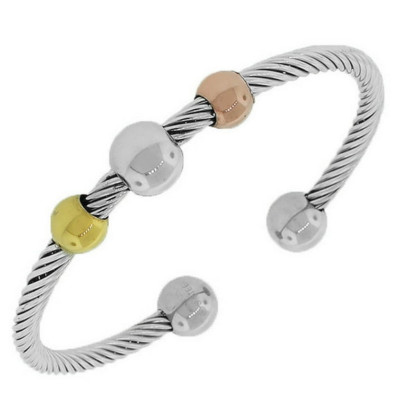 Stainless Steel Multi-Tone Twisted Cable Open End Bangle Bracelet