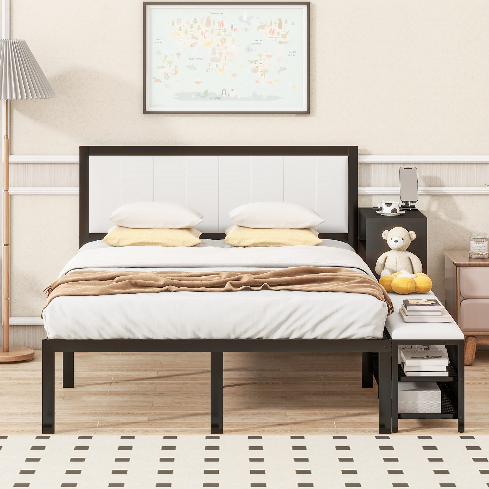 Euroco Metal Full Size Platform Bed with Storage Shleves and Ottoman, Black