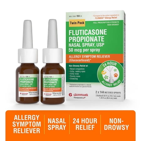 Glenmark Fluticasone Propionate Nasal Spray, USP 50 mcg per spray, 2x 144 Metered Sprays, 24 Hour Allergy Symptom Reliever, Non-Drowsy