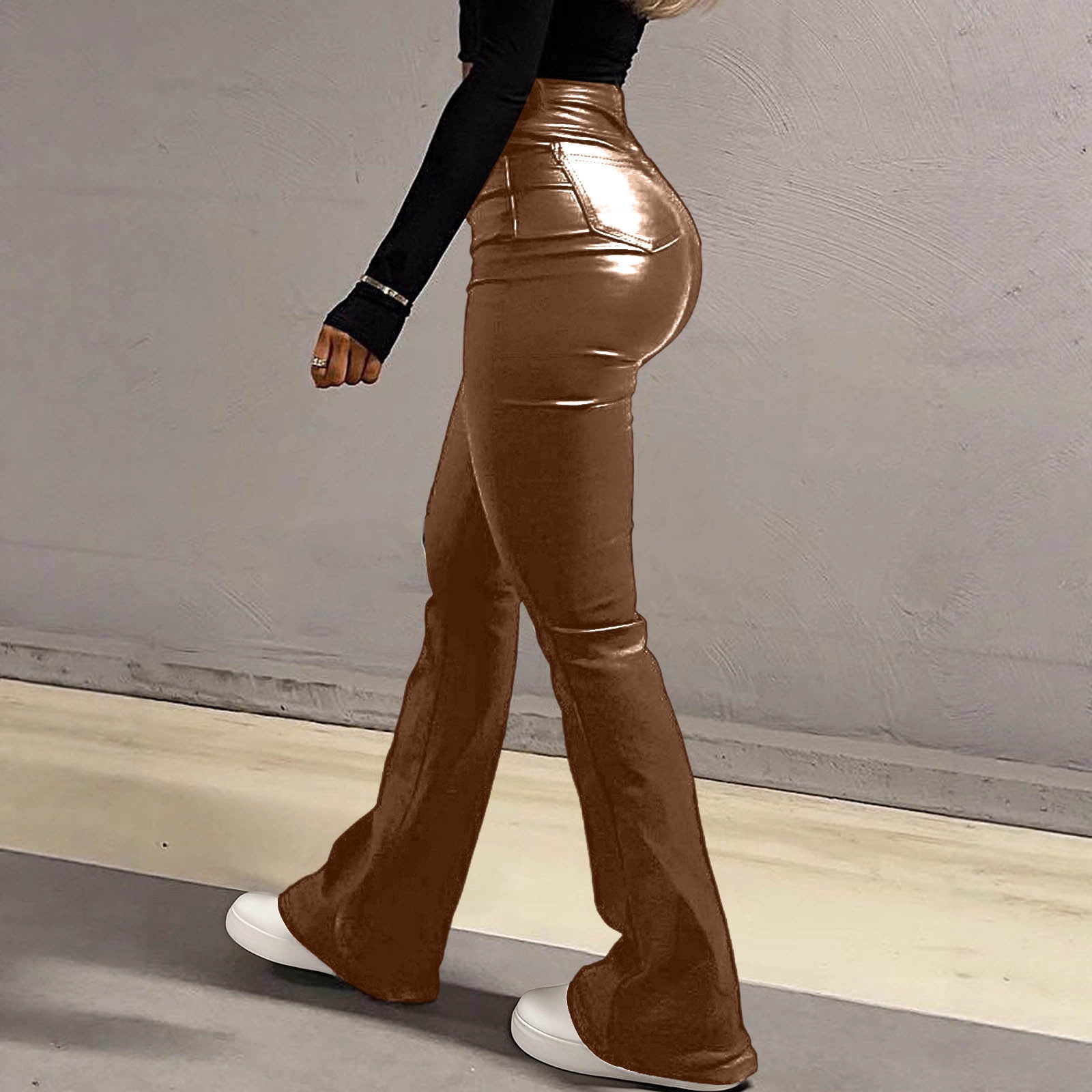 2026 Women Faux Leather Pants PU High Waist Straight Leg Pant with Pockets Fashion Flare Pants Trendy Streetwear