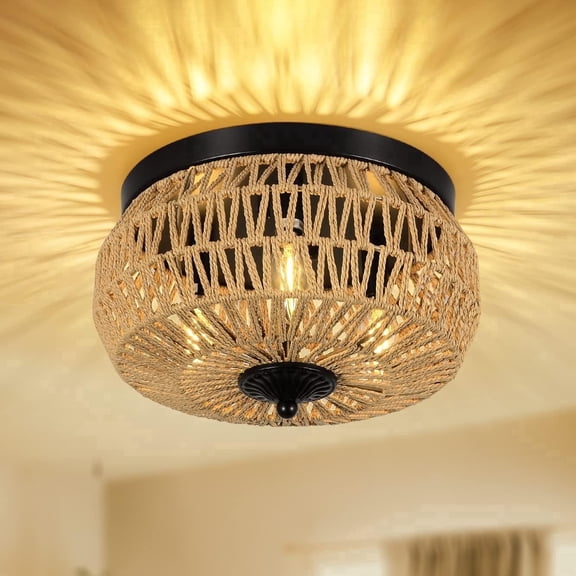 Newest 13” Bohemian 3-Light Rattan Flush Mount Ceiling Light with Hand-Woven Cage Shade