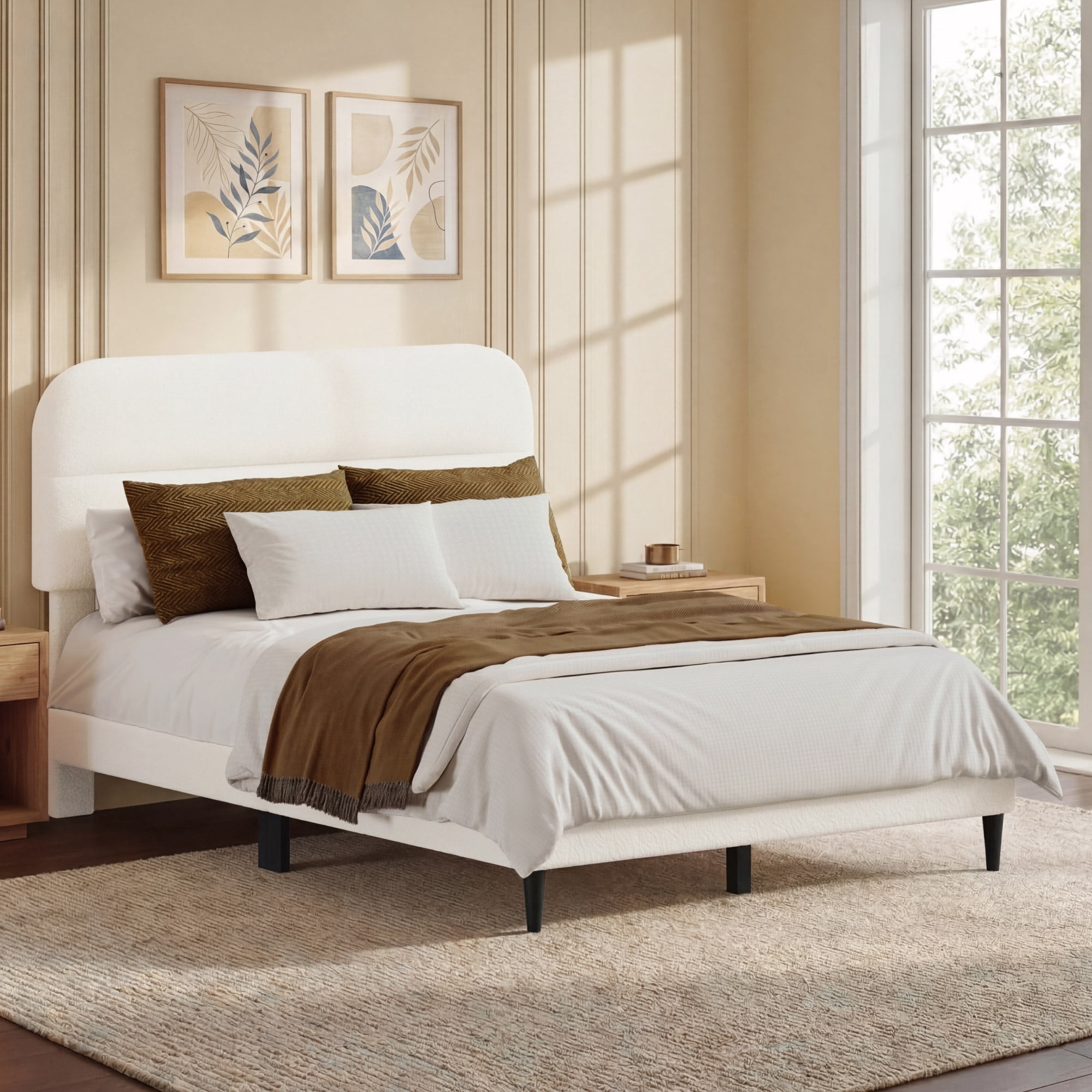 Spruce & Spring Boucle Upholstered Platform Bed Frame with Adjustable Headboard, Wood Slat Support, No Box Spring Needed, Cream, King