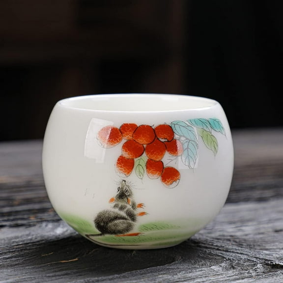 Sheep Fat Jade Ceramic Teacup, White Porcelain Teacup of Chinese Zodiac, Large 150ML Tea Cup for Household Use,Rat