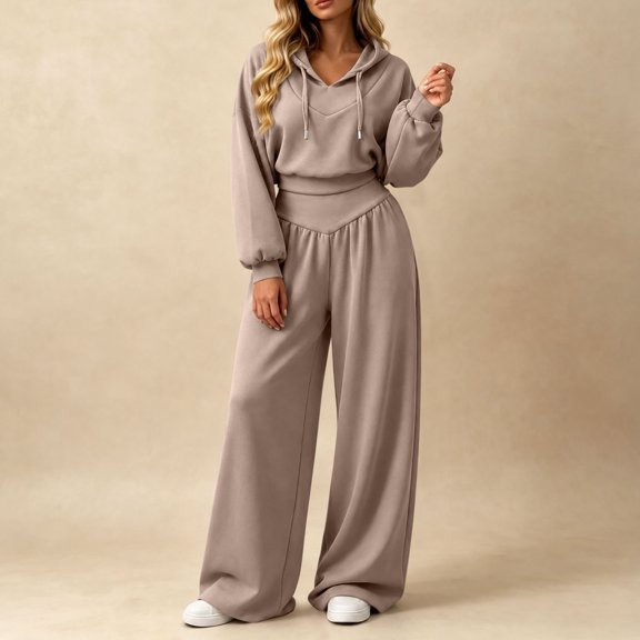 Maqroz Womens Two Piece Lounge Sets V Neck Pullover Hoodie Sweatshirts Wide Leg Pants Casual Matching Tracksuits Trendy Athletic Sweatsuits for Casual Coffee Dates