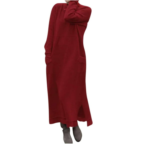 Amkhujs Winter Dresses for Women Soft Loose Crew Neck Long Sleeve Dress with Pockets Elegant Lace Hem Side Slits Long Dress