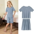 thumbnail image 2 of Fgnfyis Girls Summer Outfits Ice Silk Round Neck Short Sleeve Shorts Set Casual Comfortable Loungewear Elastic Waist Playwear Navy 4-5 Years, 2 of 6