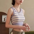 thumbnail image 2 of MNCEKFOD Womens Tank Top With Built In Bra Casual Striped Padded Tank Tops Cropped Waist Short Style Elastic Summer Daily Outer Tops Camisoles For Women For Under Clothes Purple S, 2 of 6