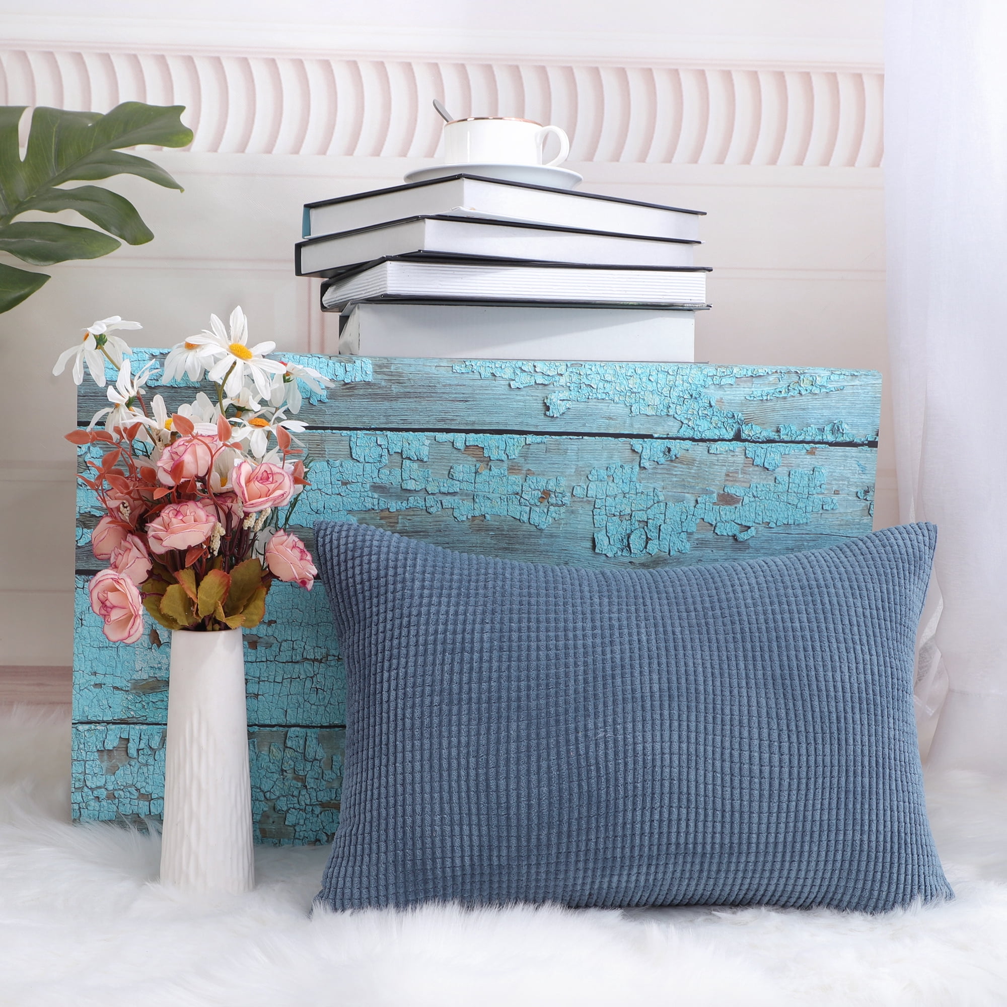 PiccoCasa Velvet Corn Striped Rectangle Throw Pillow Cover, Navy Blue, 12"x18"