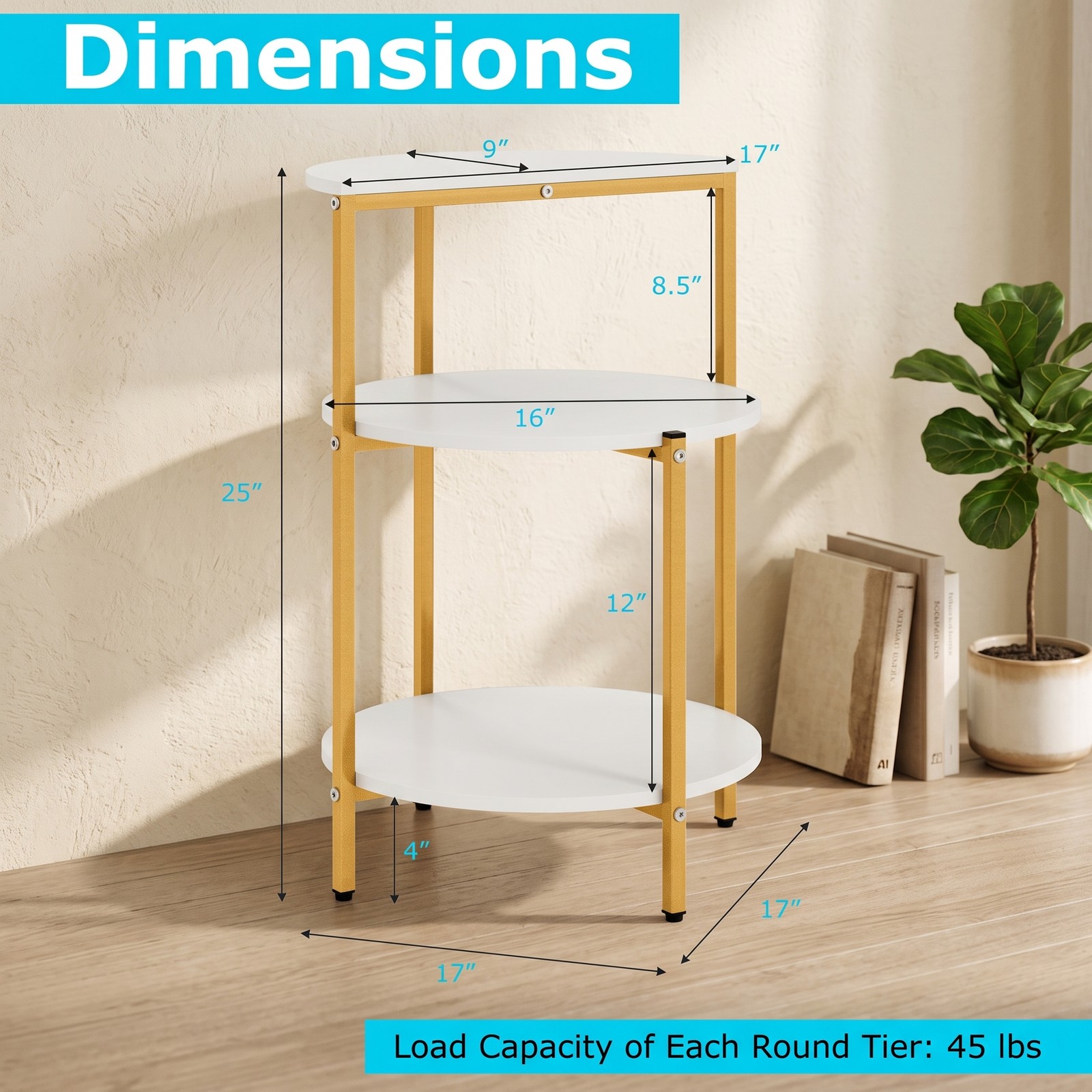 Furnibear 3-Tier Round End Table Set of 2, Small Space Nightstand Side Table with Storage Shelves and X-Shaped Metal Base for Living Room Bedroom Entryway, White & Gold