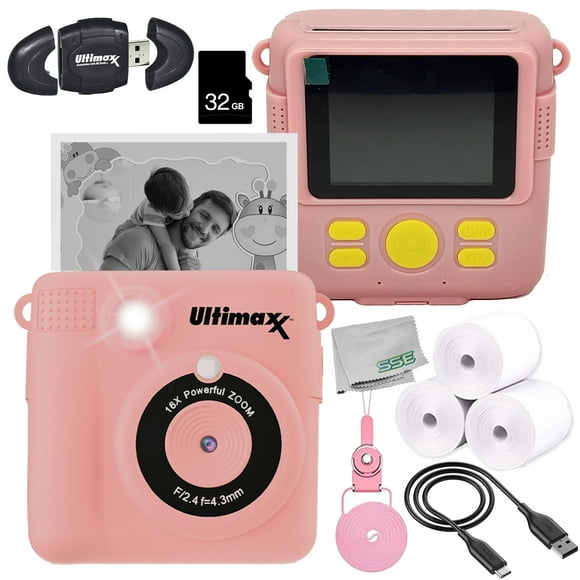 Ultimaxx Essential Instant Print Camera for Kids Bundle (Pink) - Includes: 32GB microSD Card, High-Speed Memory Card Reader & More (9pc Bundle)