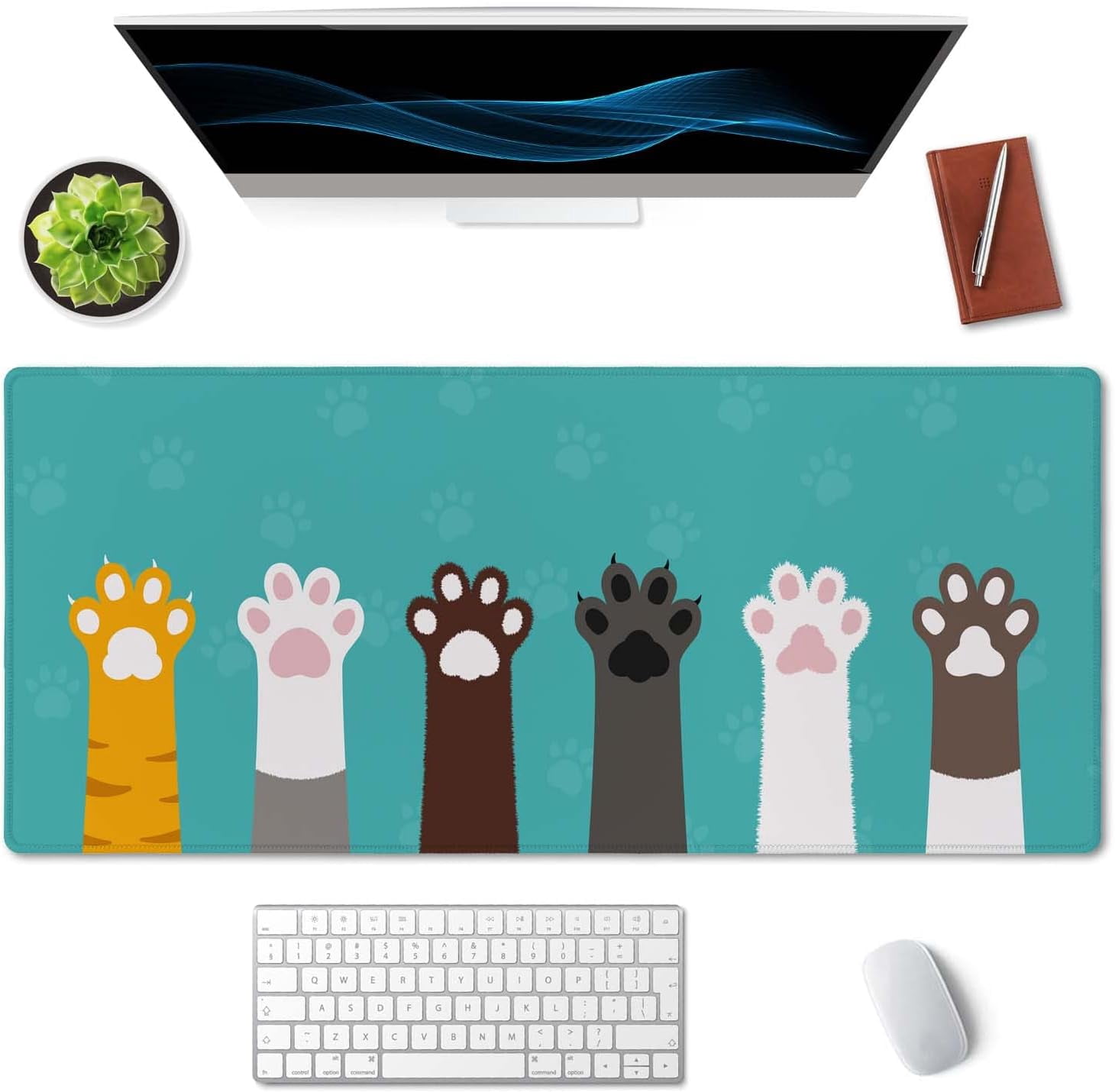 Large Mouse Pad, Full Desk XXL Extended Gaming Mouse Pad 35.4" x 15.7", Waterproof Desk Mat Stitched Edges, Non-Slip Laptop Computer Keyboard Mousepad for Office and Home, Cat Paws
