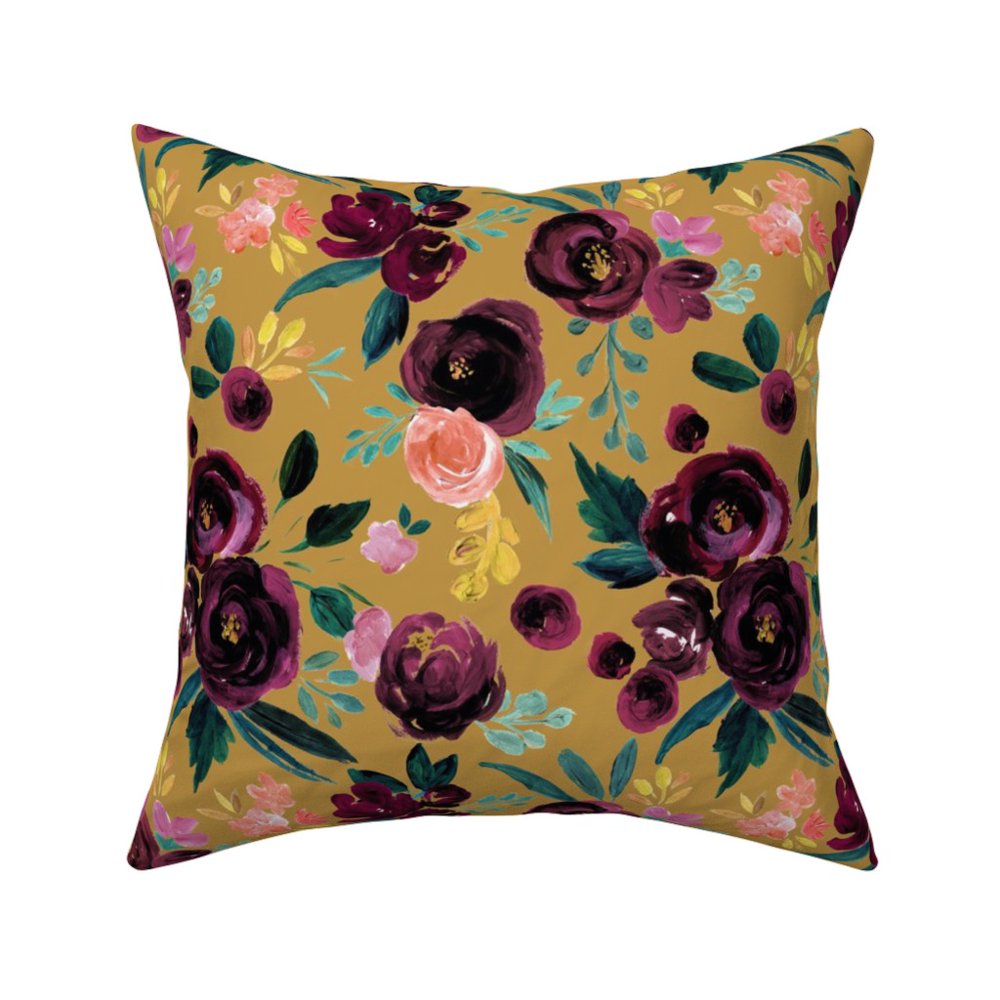 Plum Floral Seasonal Watercolor Throw Pillow Cover w Optional Insert by Roostery