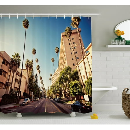 Urban Shower Curtain, A Street in Beverly Hills California Palm Trees Houses Famous City Photo, Fabric Bathroom Set with Hooks, 69W X 70L Inches, Light Blue Peach Green, by (Best Peach Tree For Southern California)