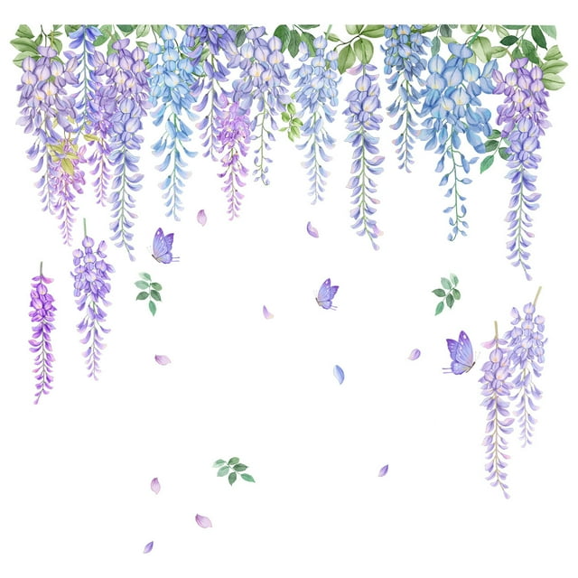 Calcomanías de pared de vid colgantes, pegatinas de pared de hojas de plantas moradas, decoración de pared de mariposas y flores para niñas, mujeres, dormitorio, sala de estar
