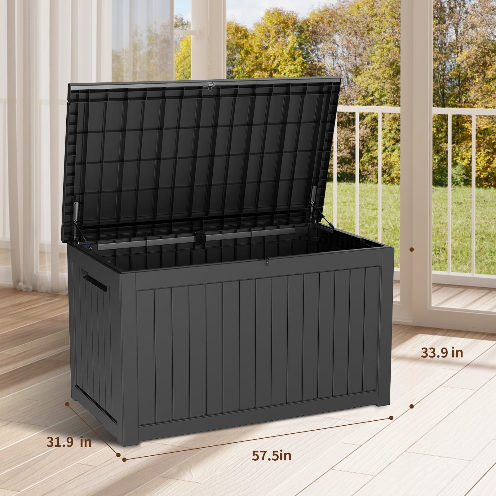 Miniyam 230 Gallon Resin Deck Box, Outdoor Storage Box, Gardening Tools, Lockable, Waterproof, Black