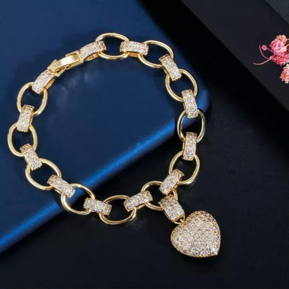 Love Heart Charm Bracelet Pendant Necklace Set Women Yellow Gold Plated Jewelry