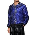 thumbnail image 4 of Chaqueta bomber de lentejuelas brillantes para hombre, chaqueta metálica de fiesta con cremallera, chaquetas varsity 2XL azul real, 4 of 5