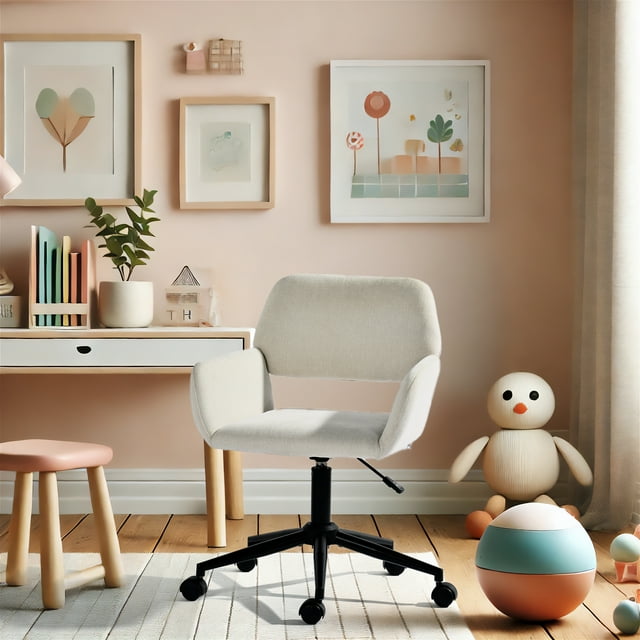 Adjustable height beige fabric kids study chair with armrests and black swivel base, placed in a cozy playroom with wooden floor, pastel wall art, desk, stool, toys including a wooden doll and colorful ball.