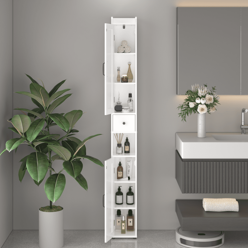 67.51" Tall Bathroom Storage Cabinet with Adjustable Shelves,Slim 2 Doors Freestanding Cabinet with Anti-Tip, Open compartments, for Home, Small Spaces, Bathroom,Kitchen, Living Room, White