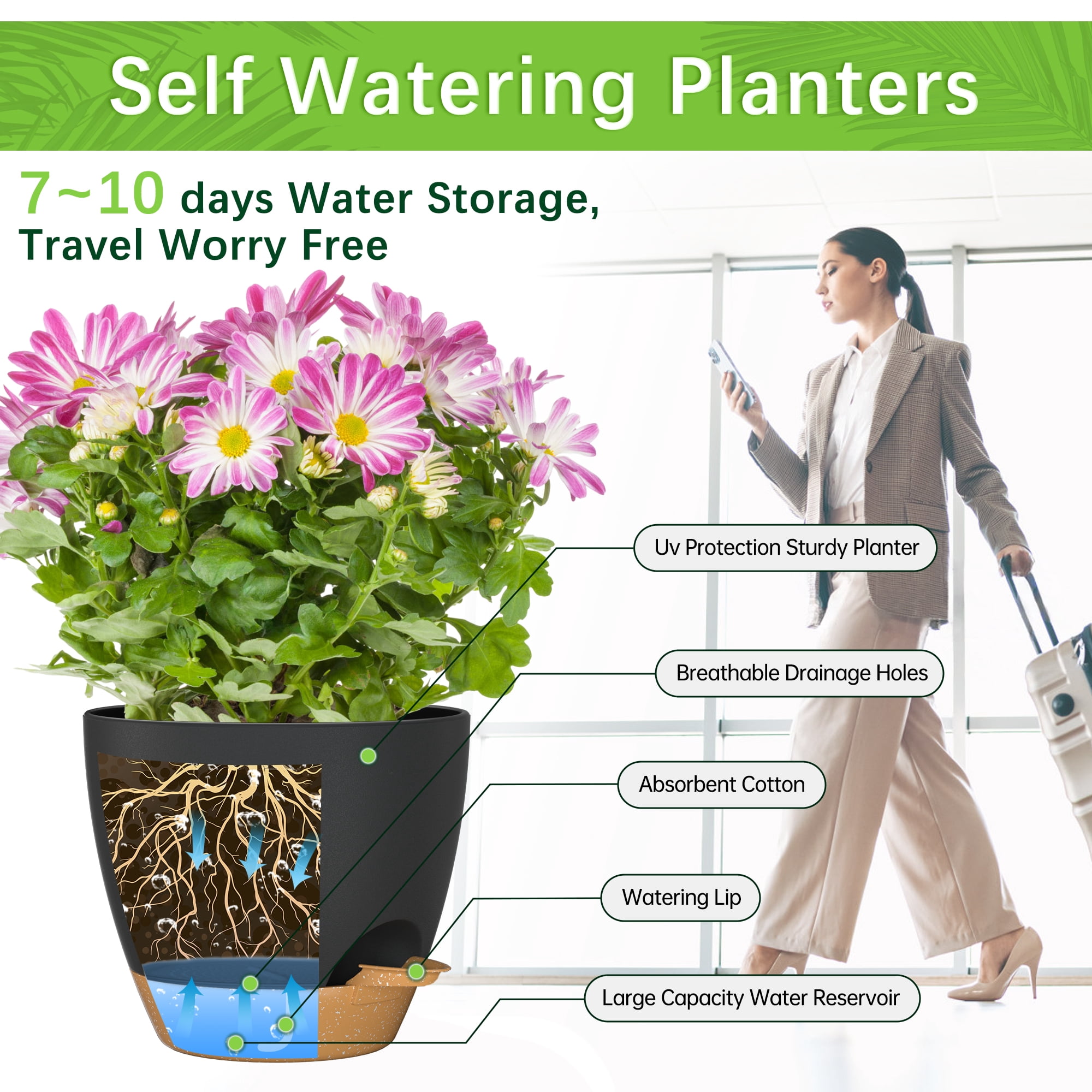FIASON 5 Pack 6 Inch Self Watering Plant Pots, Black with Brown Planters with Watering Lip, Drainage Holes & Removable Saucer, Small Flower Pots for Indoor Outdoor Garden House Plants