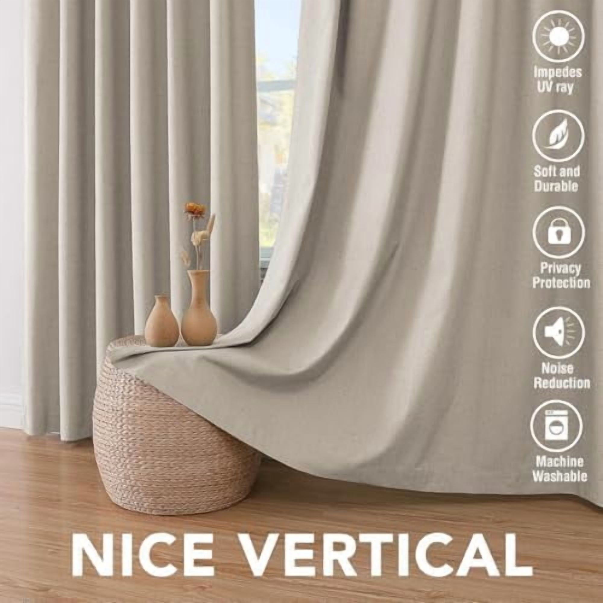 Linen Curtains 100% Blackout Curtains for Bedroom 90 inch Long Full Light Blocking Nature Linen Blended Window Curtains for Living Room Nickel Grommet (2 Panels, Cobblestone)
