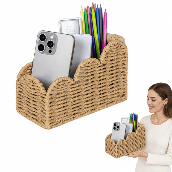 Pen Holder For Desk, Nightstand Organizer, Desk Decor, Aesthetic Desk Accessories, 3 Slot Scalloped Paper Woven Multi Compartment Storage Caddy for Office Bedroom Living Room Tabletop Storage
