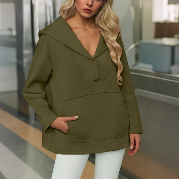 JUSLIO Button-Up Womens Blouses with Pockets Hoodies Sweatshirts Solid Long sleeve V Neck Sweatshirts Army Green L