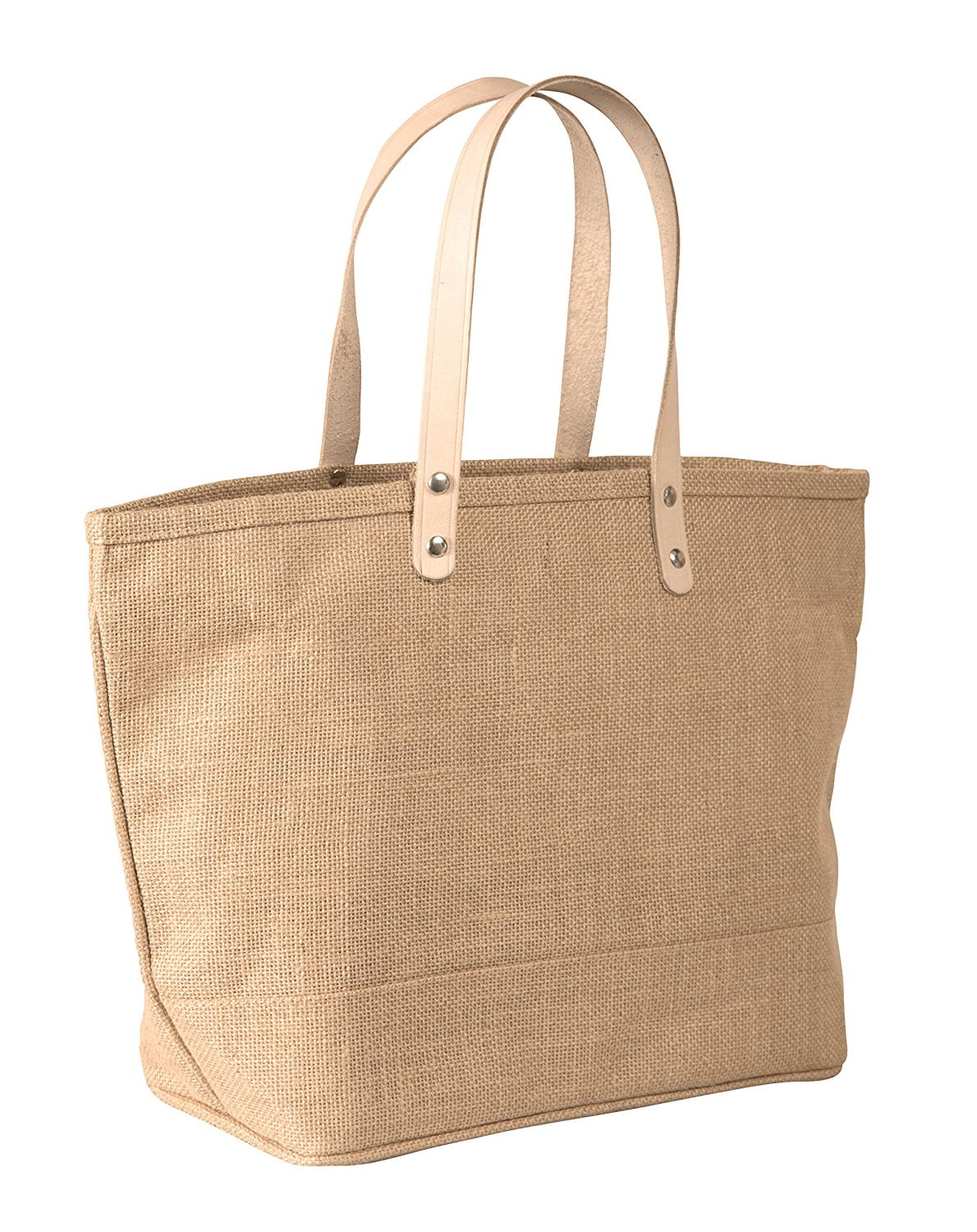 Carrygreen - Small Jute Tote bag with Leather Handles Size 17.25&quot;W x 10.5&quot;H x 5.5&quot; Gusset in ...