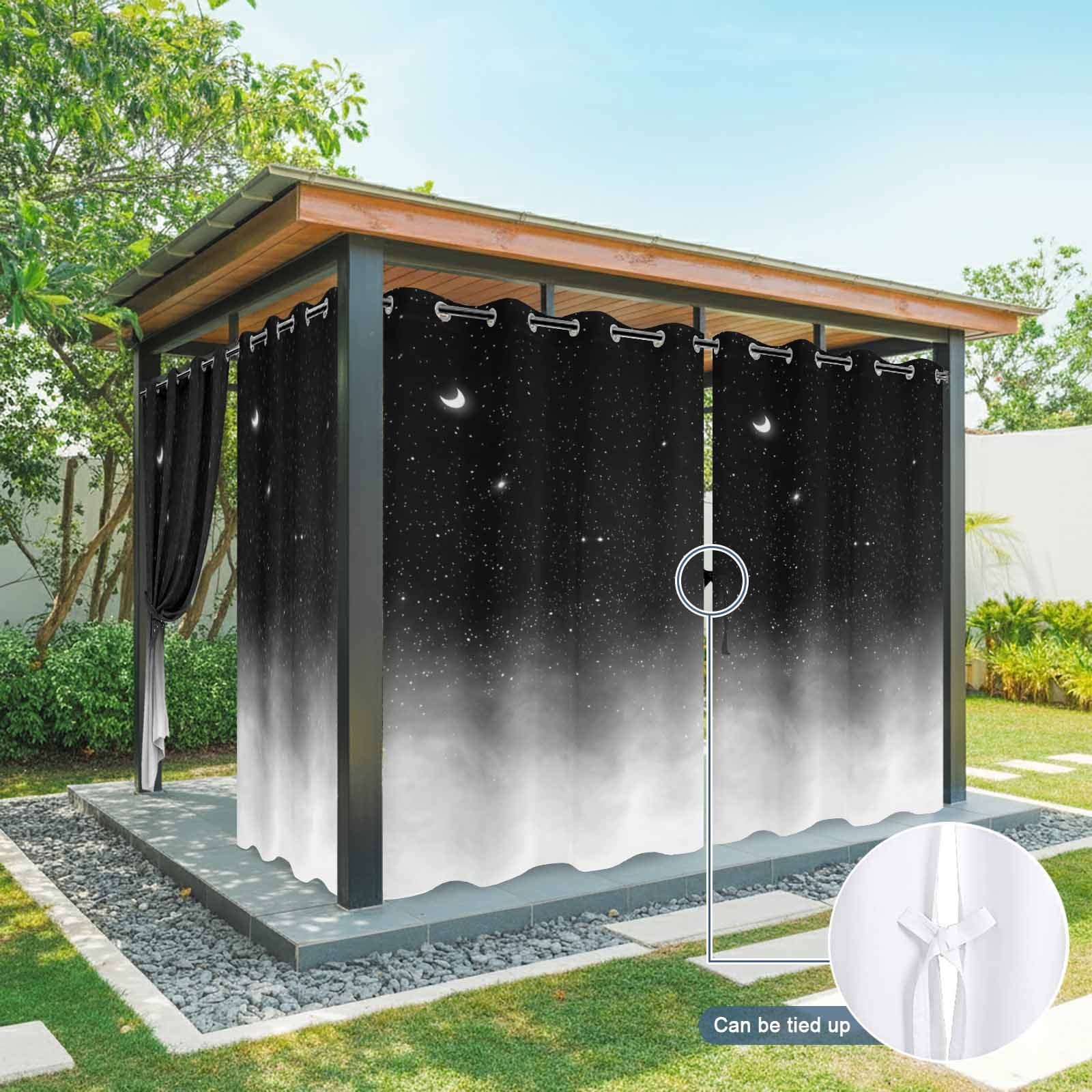 Crescent Moon Outdoor Curtains for Patio, Dreamy Black Misty Cloud Gray Gradient Fog Sunshade Privacy Drapes Grommet Waterproof Outside Curtains for Porch/Cabana/Balcony 54"x 108", 1 Panel